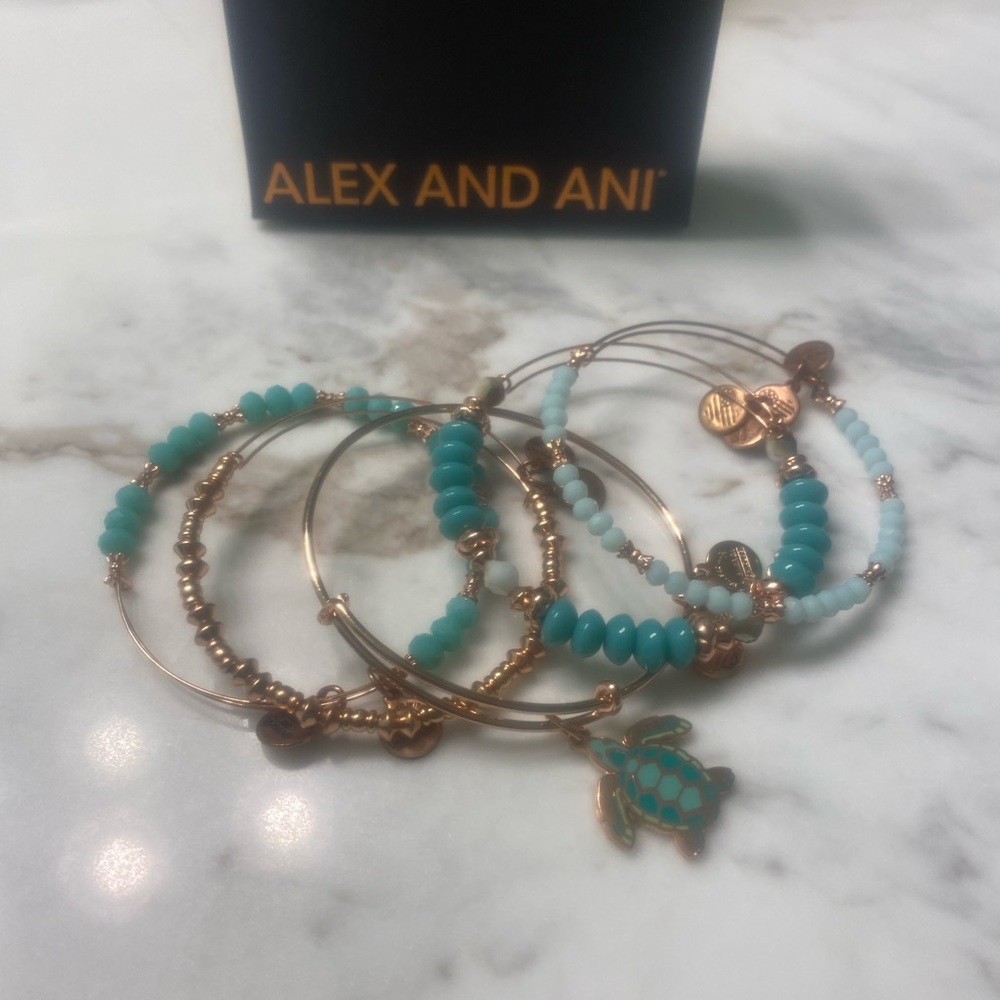 Alex and Ani Go With the Flow bangle set, turquoise and rose gold in color